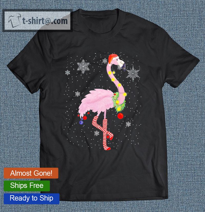 Cute Pink Flamingo With Snow, Lights And Santa Hat Christmas T-shirt