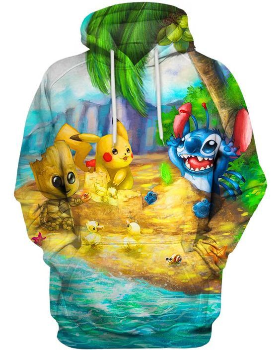 Cute Things On The Beach Pikachu Stitch Groot Pullover And Zip Pered Hoodies Custom 3D Graphic Printed 3D Hoodie All Over Print Hoodie For Men For Women
