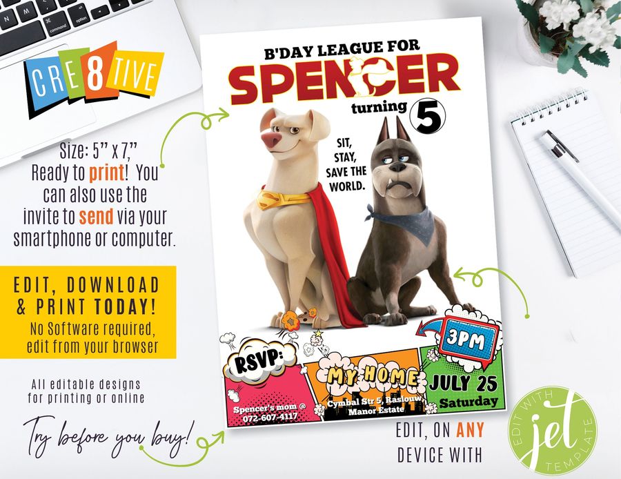 DC League of Super-Pets, Movie poster, Personalized Birthday Invitation, Smartphone, download pdf, jpg or png and Print