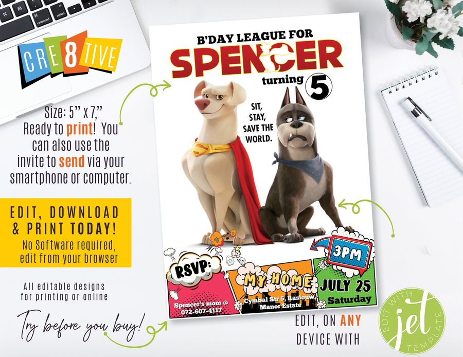  DC League of Super-Pets, Movie poster, Personalized Birthday Invitation, Smartphone, download pdf, jpg or png and Print 