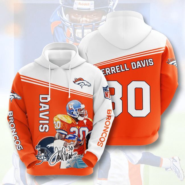 Denver Broncos 30 Terrell Davis 3D Hoodie Hooded Pocket Pullover