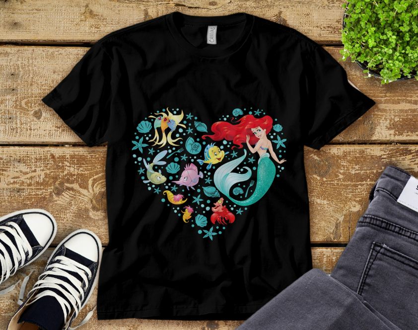 Disney Princess Ariel Flounder and Sebastian Collage Heart Unisex Tee Adult T-Shirt