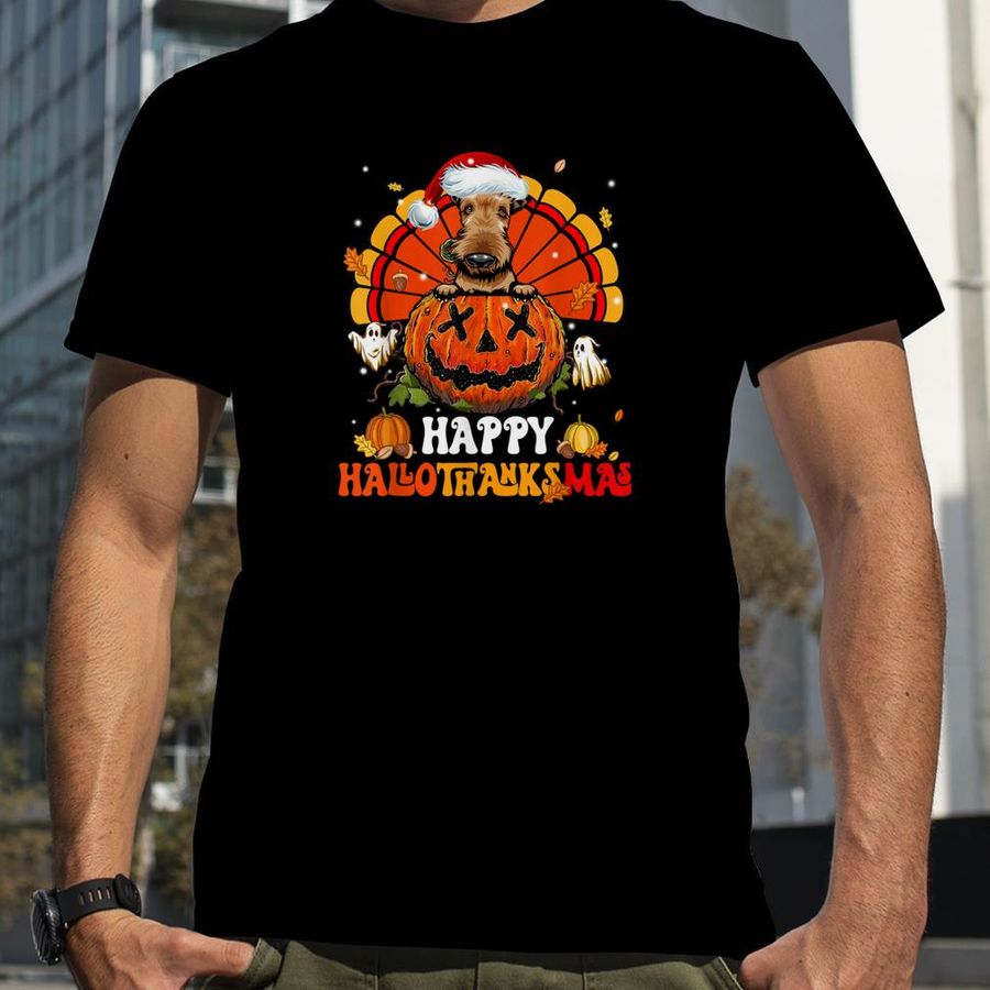 Dog Airedale Happy Hallothanksmas Halloween Thanksgiving T Shirt