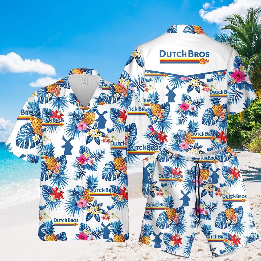 Dutch Bros Coffee Tropical Flower Hawaiian Shirt and Beach Shorts