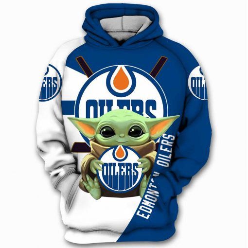 Edmonton Oilers NHL Baby Yoda Star Wars Blue White Men And Women 3D Full Printing Hoodie Zip Hoodie Sweatshirt T Shirt. Edmonton Oilers NHL 3D Full Printing Hoodie Shirt