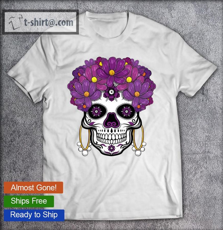 El Dia De Muertos Purple Sugar Skull Flowers Mexican Women T-shirt