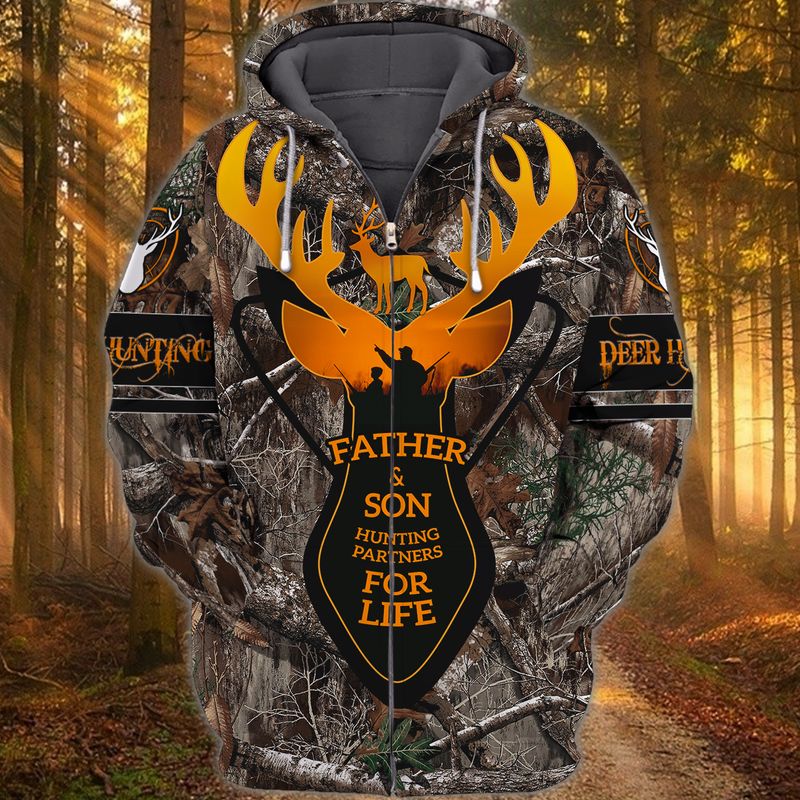 Father and Son deer hunting with forest printed 3D Hoodie