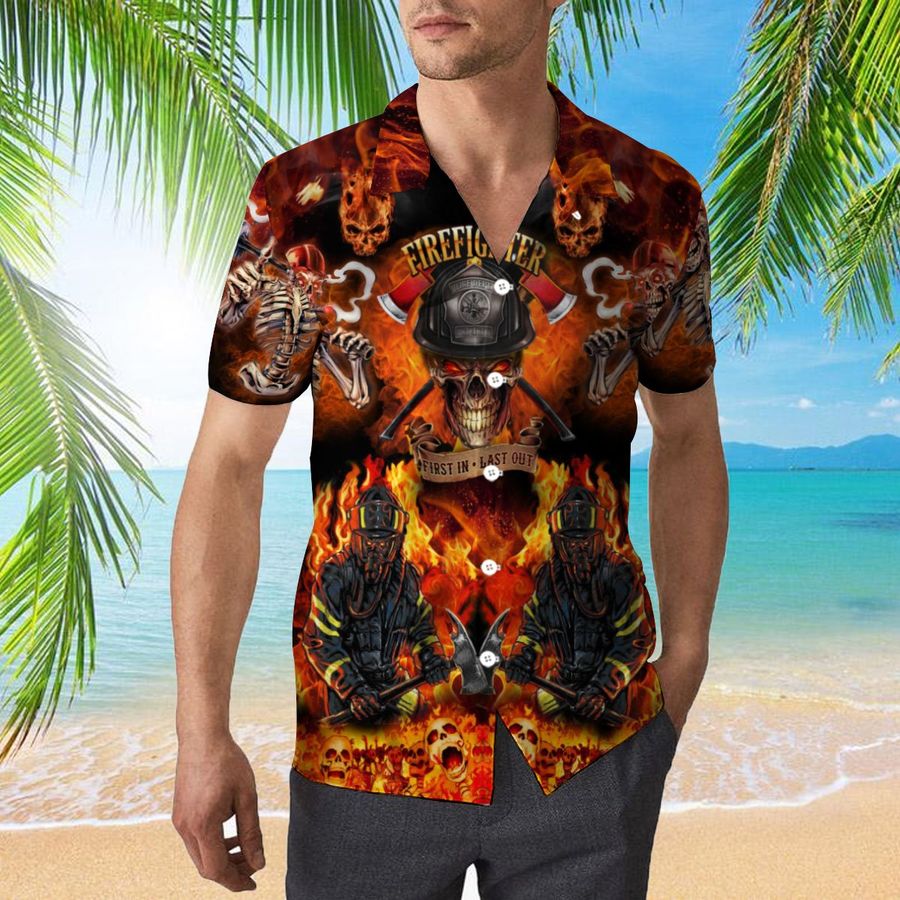 Fire Skeleton Firefighter 3d All Over Print Button Design For Halloween Hawaii Shirt