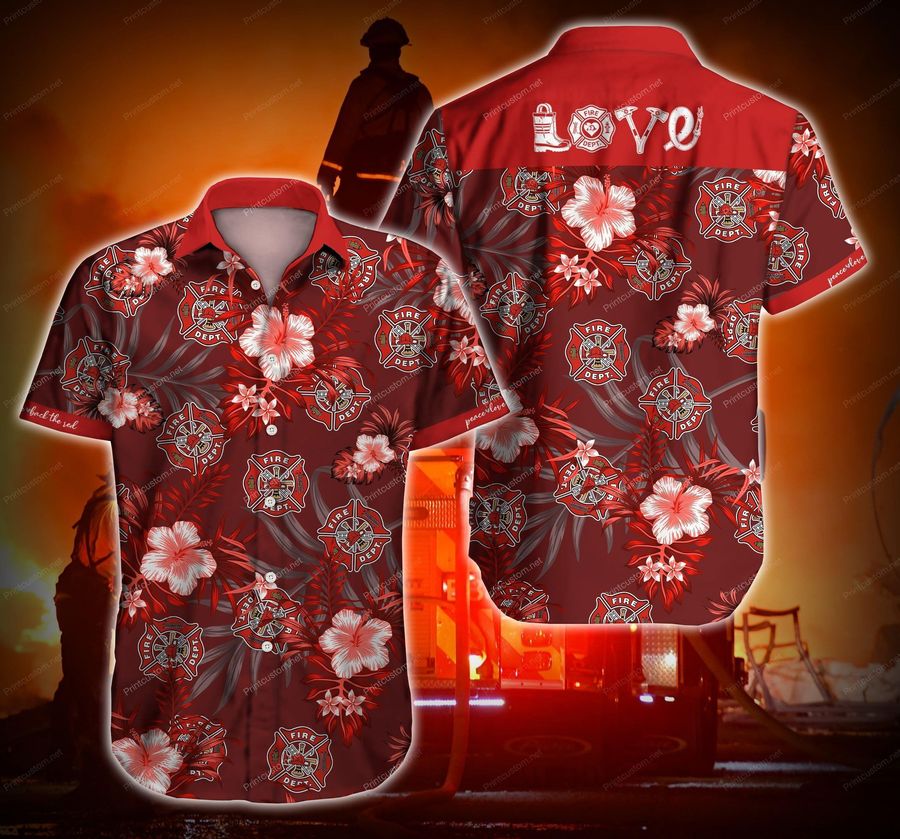 Firefighter Redd Love Red Hawaiian Graphic Print Short Sleeve Hawaiian Casual Shirt N98 - 6569