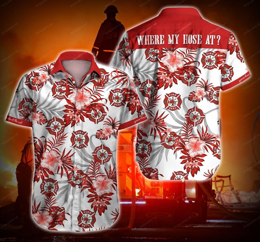 Firefighter Where My Hose At Hawaiian Graphic Print Short Sleeve Hawaiian Casual Shirt size S - 5XL