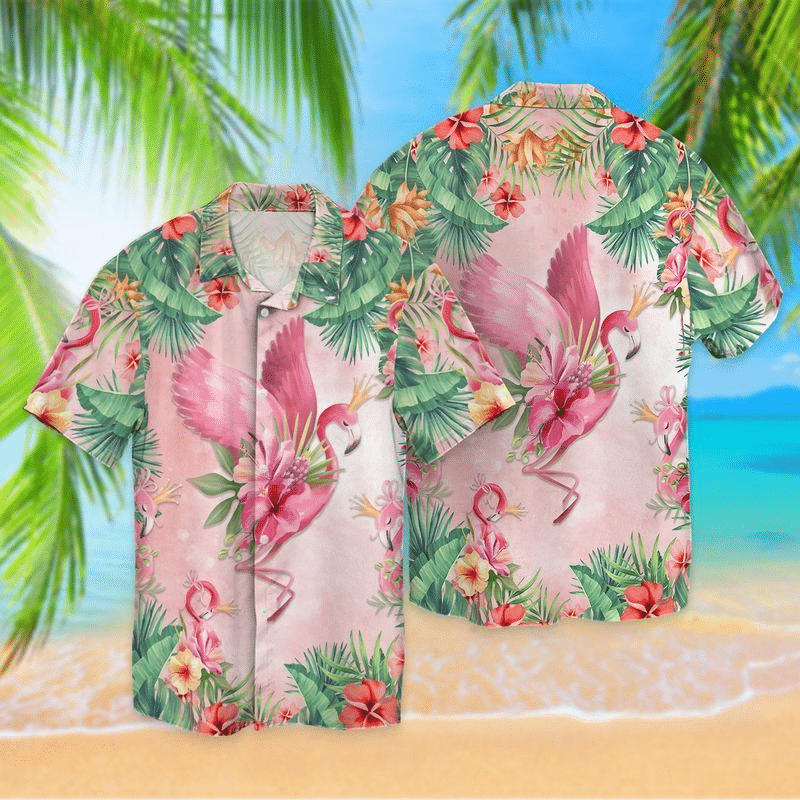 Flamingo Bird With Flowers For Men And Women Graphic Print Short Sleeve Hawaiian Casual Shirt Y97