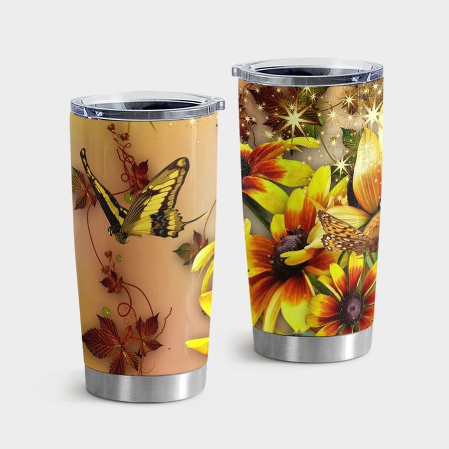 Floral Tumbler With Lid, Butterflies And Flowers With Gold Wallpapers Tumbler Tumbler Cup 20oz , Tumbler Cup 30oz, Straight Tumbler 20oz