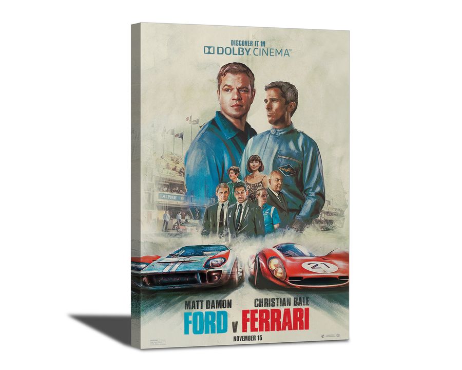 Ford v Ferrari Movie Poster, Wall Art Canvas, Sport Print Wall Decor, Christian Bale, Matt Damon