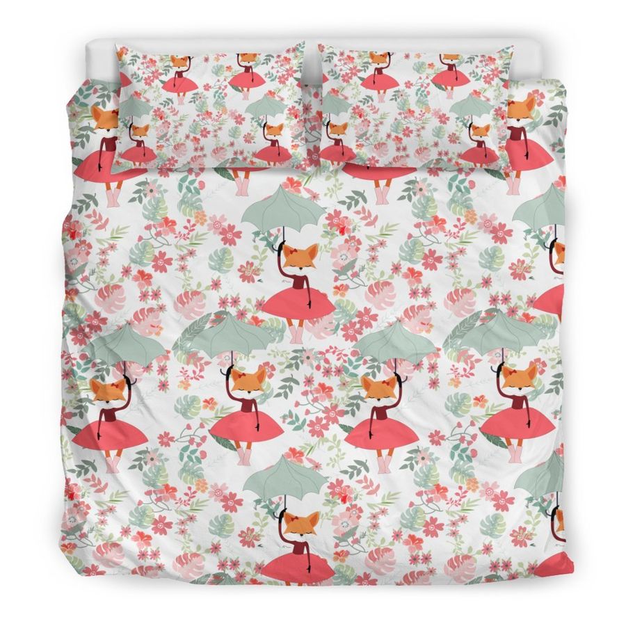 Fox Girl Flower Pattern Print Duvet Cover Bedding Set