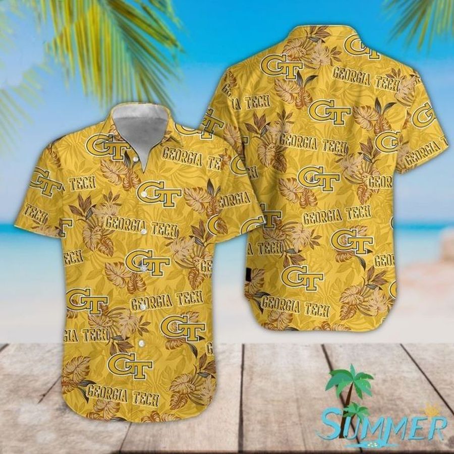 Georgia Tech Yellow Hawaiian Graphic Print Short Sleeve Hawaiian Casual Shirt N98