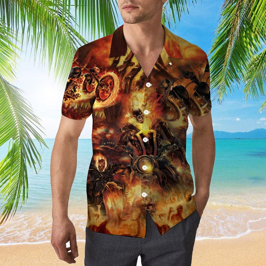 Ghost Rider Fire 3d All Over Print Button Design For Halloween Hawaii Shirt