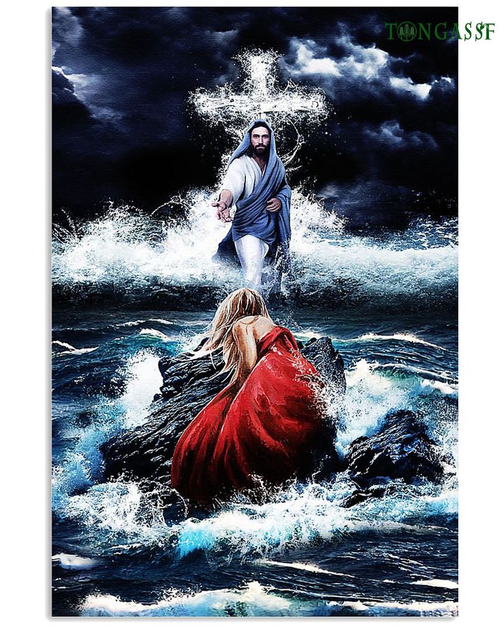 God walks on angry ocean Jesus poster