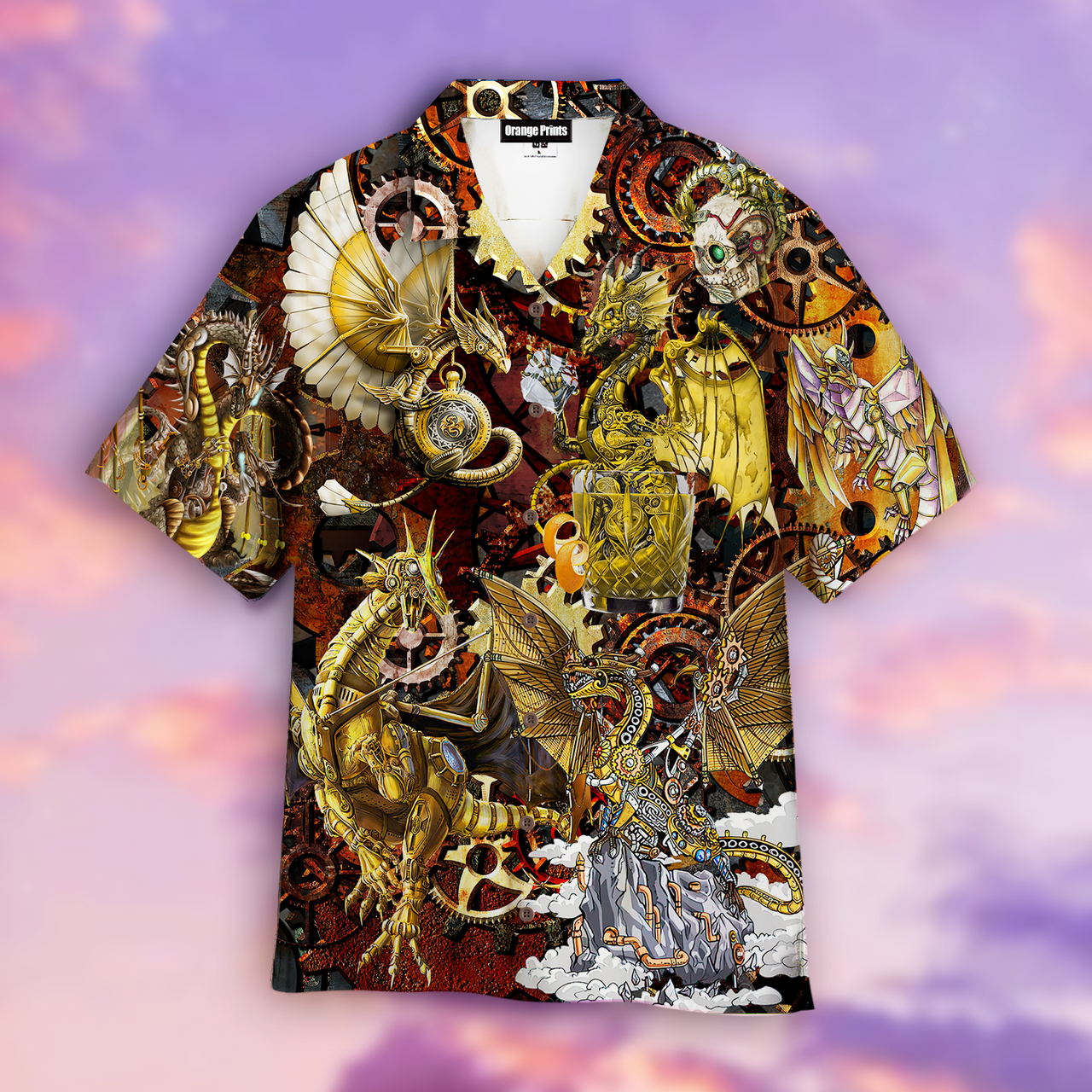Golden Steampunk Dragon Aloha Hawaiian Shirt