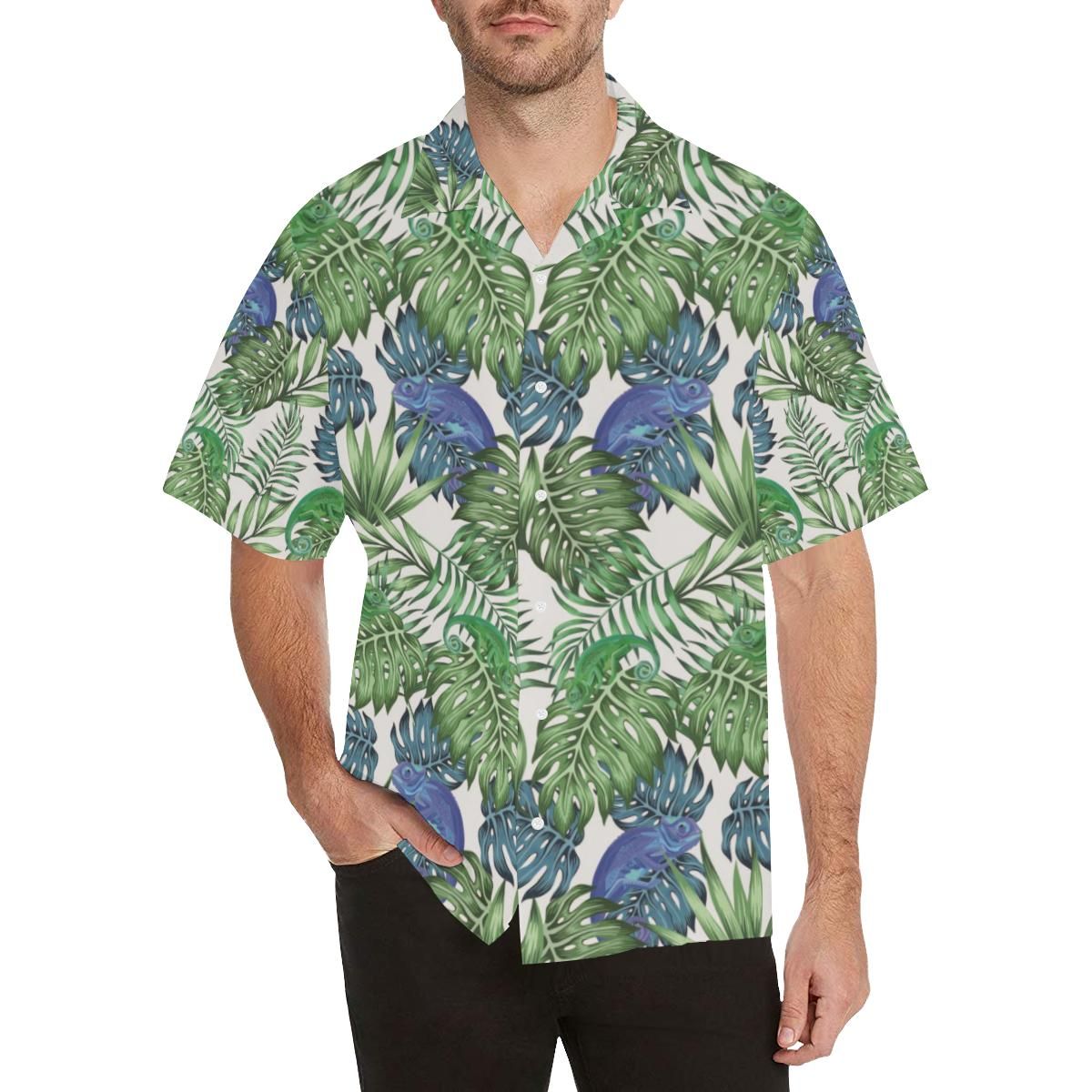 Green Blue Chameleon Lizard Leaves Pattern Men’s All Over Print Hawaiian Shirt