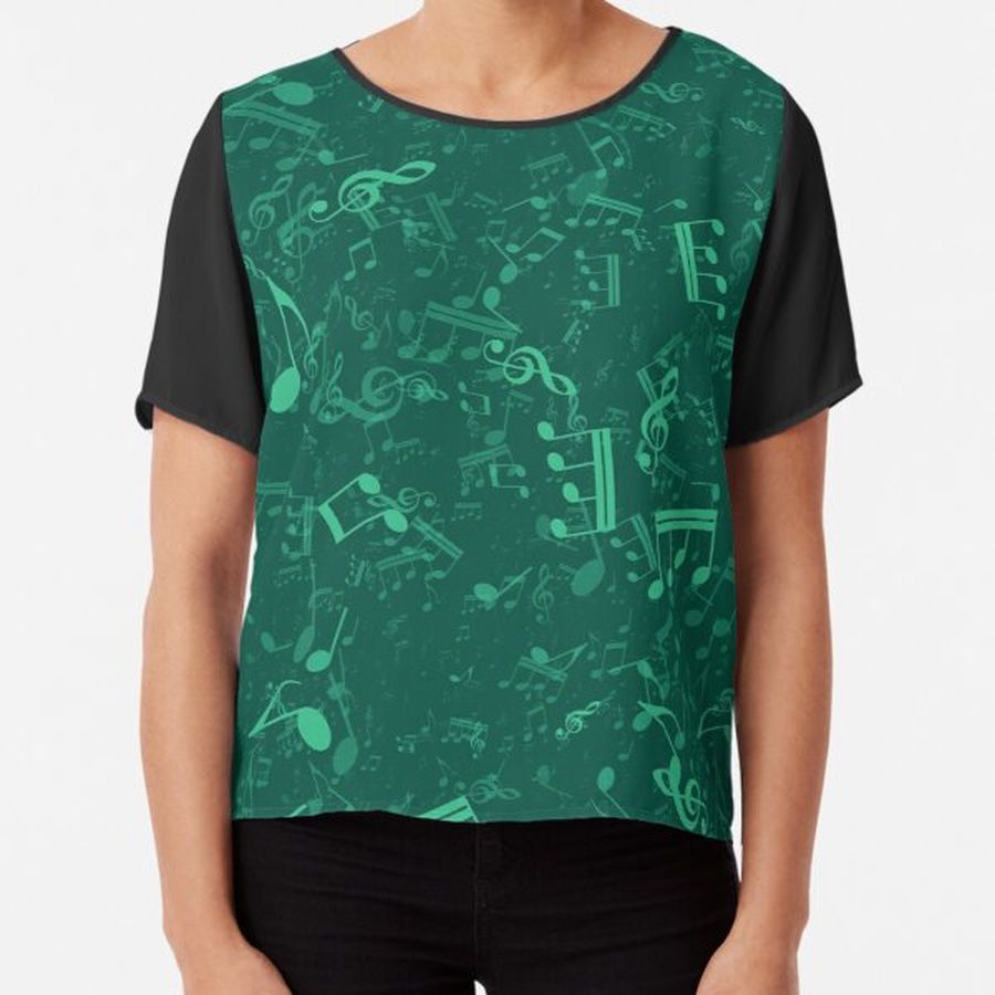 Green Colored Music Notes Pattern Chiffon Top