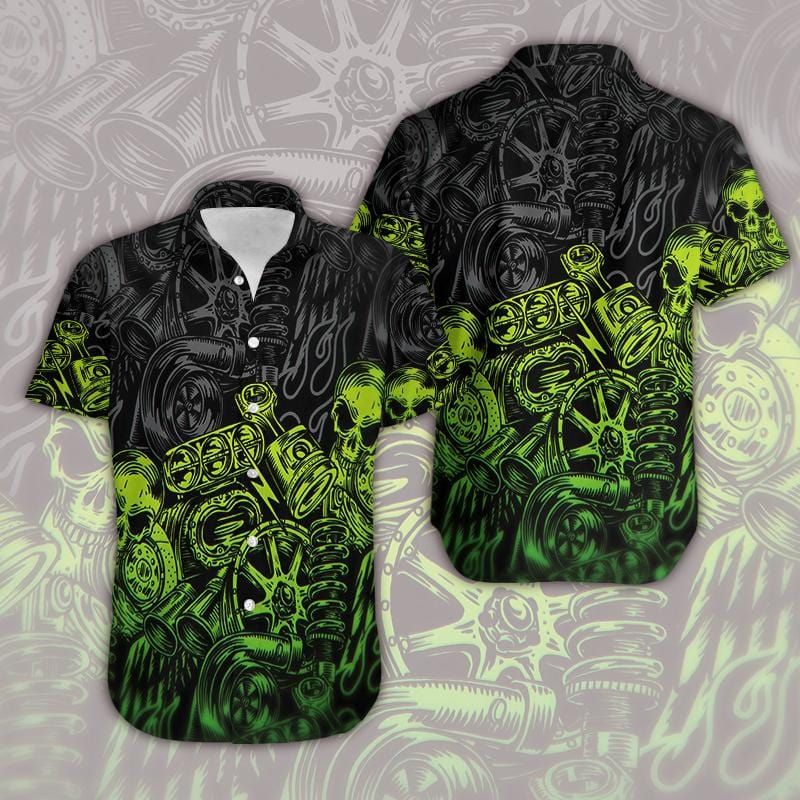 Green Motorbike Skull Mechanical Hawaiian Aloha Shirts #Dh