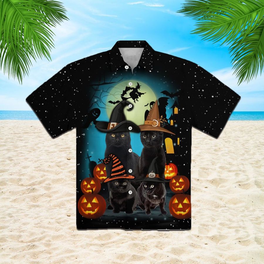 Halloween Black Cat Family 3d All Over Print Button Design For Halloween Hawaii Shirt