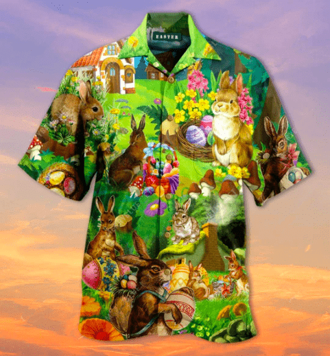 Happy Easter Bunny On Garden Green Unisex Hawaiian Aloha Shirts