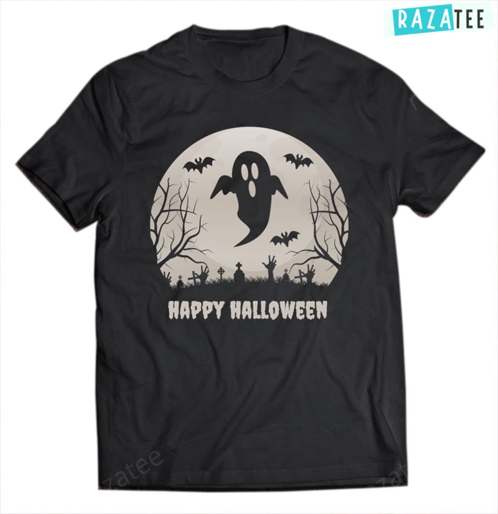 Happy Halloween Ghost Cemetery Retro Grey Moon Design Classic Shirt