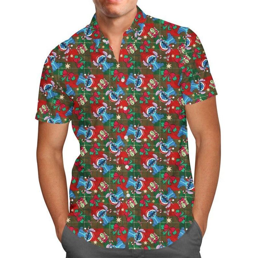 Happy Stitch Christmas Disney For men And Women Graphic Print Short Sleeve Hawaiian Casual Shirt Y97