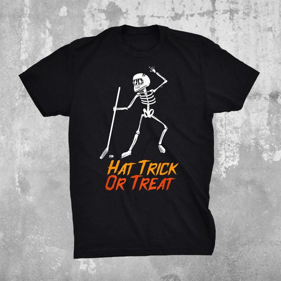 Hat Trick Or Treat Funny Skelton Ice Hockey Halloween Coach Shirt