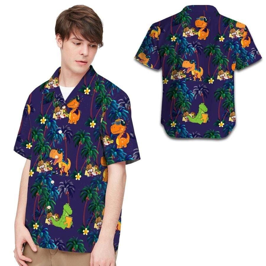 Hawaiian Aloha Shirts Cute T-rex Coconut Tree