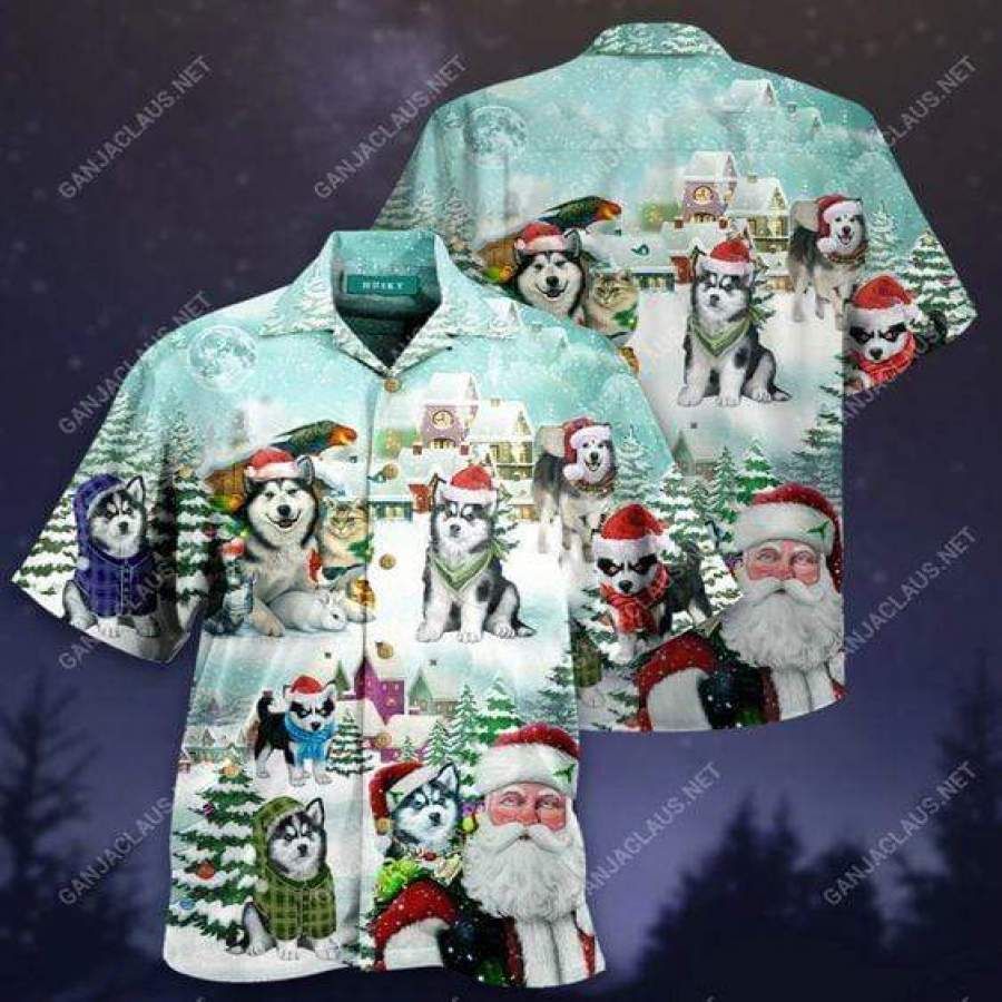 Hawaiian Aloha Shirts Merry Husky Christmas