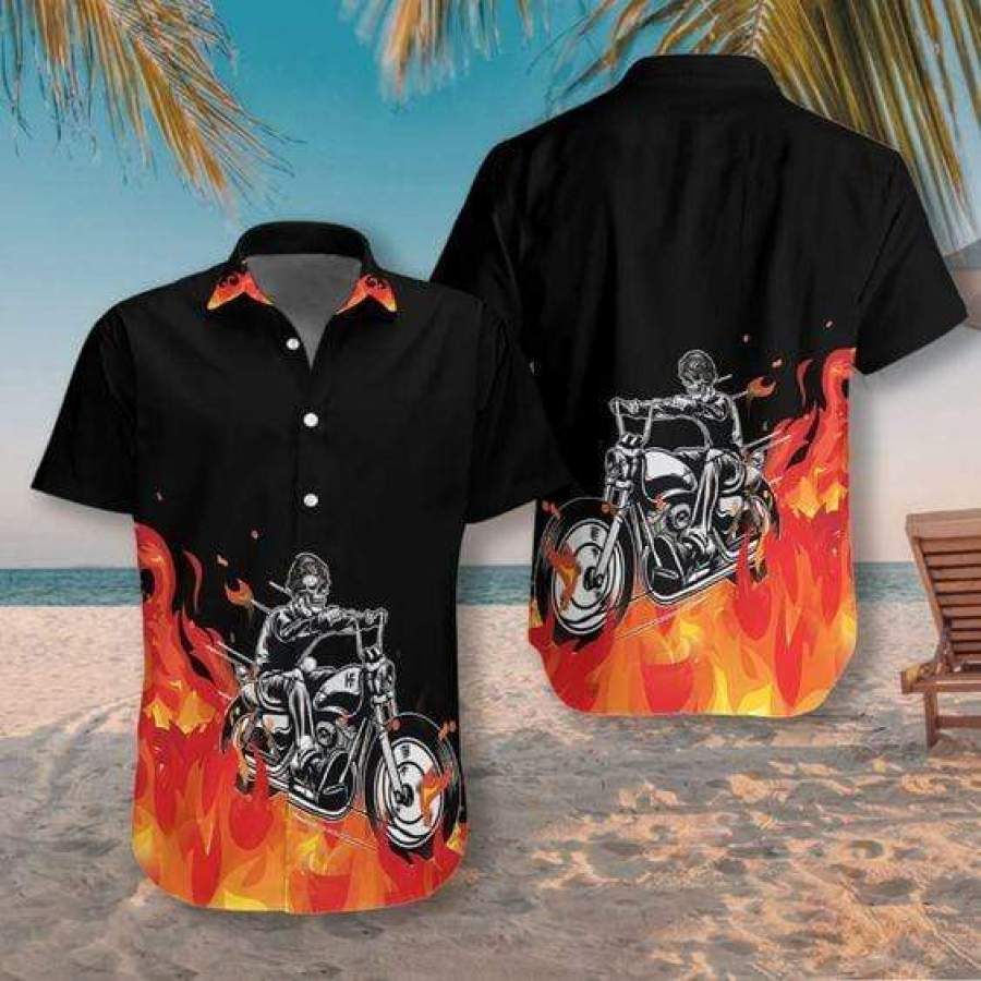 Hawaiian Aloha Shirts Motorcycle Skull On Fire