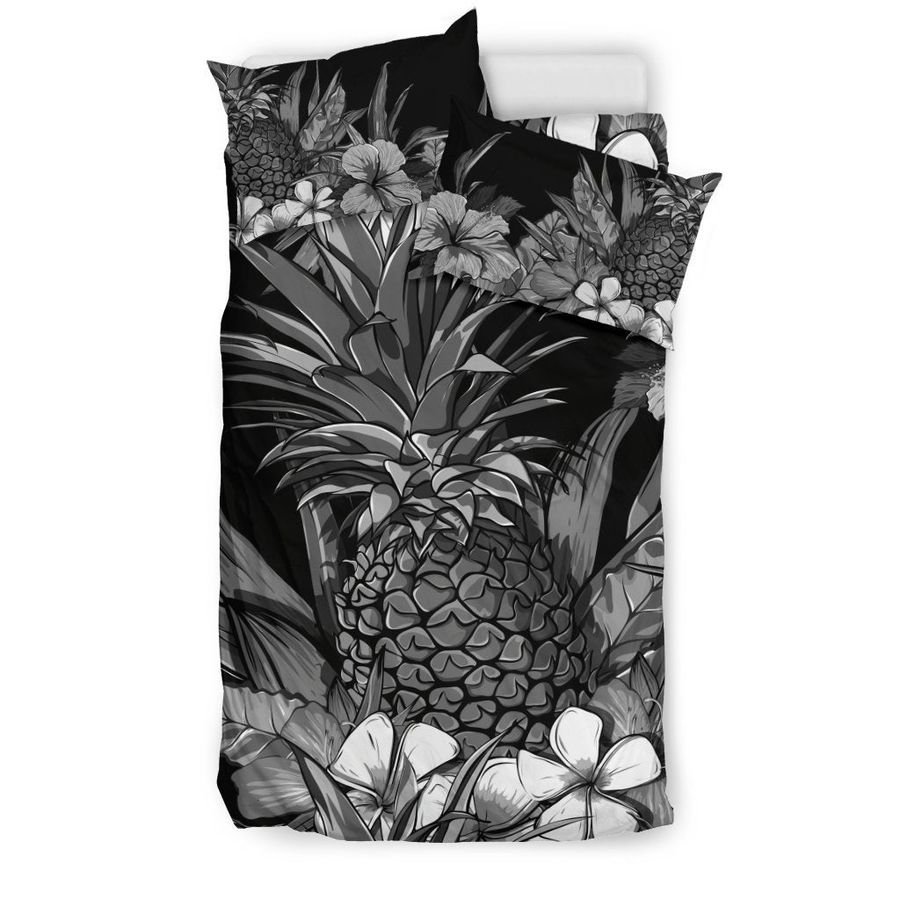 Hawaiian Bedding Set - Hibiscus And Pineapple In BW Style - AH - K5