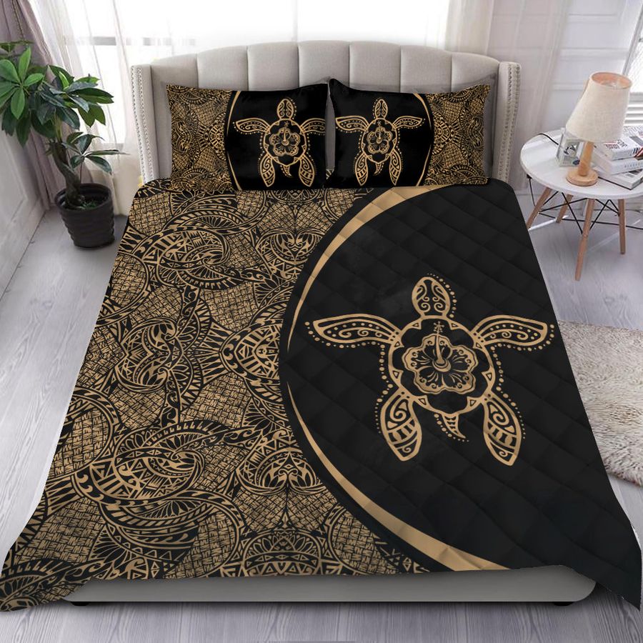Hawaiian hibiscus turtle polynesian bedding set-circle style gold and black HAC300501-HG