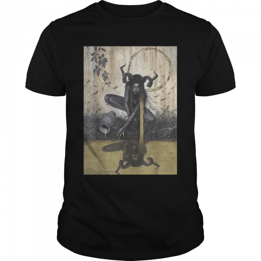 Horned Gothic Female Devil sitting Scary Dark art themed T-Shirt B0B1JQV1PT