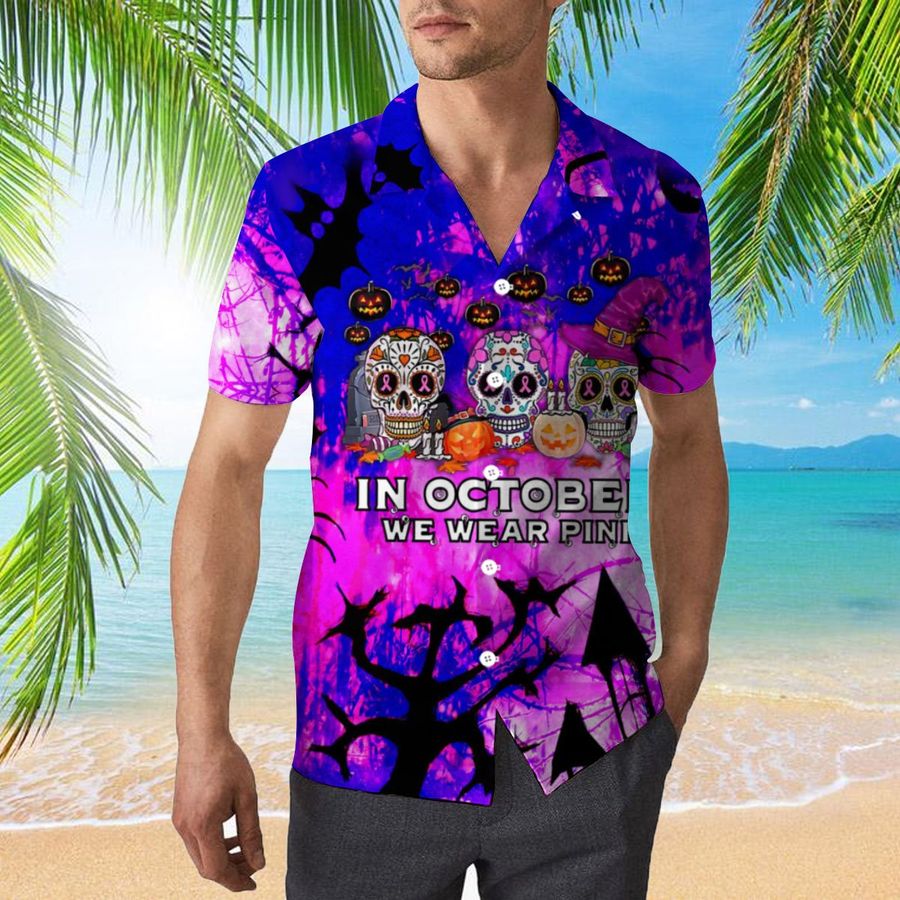 In October We Wear Pink 3d All Over Print Button Design For Halloween Hawaii Shirt
