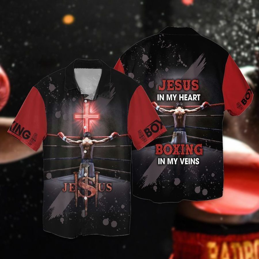 Jesus And Boxing Jesus In My Heart Boxing In My Veins For Men And Women Graphic Print Short Sleeve Hawaiian Casual Shirt Y97