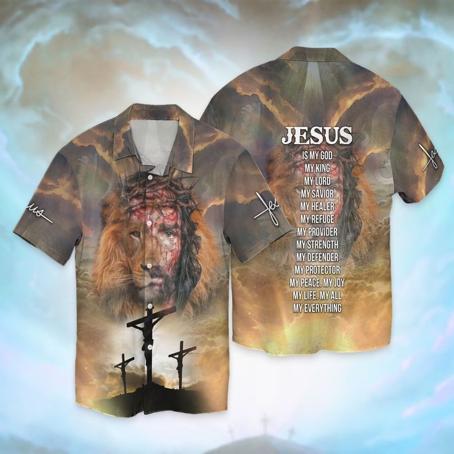 Jesus Lion My Everything Jesus Is My God My King My Lord My Savior My Healer My Refuge Graphic Print Short Sleeve Hawaiian Casual Shirt Y97
