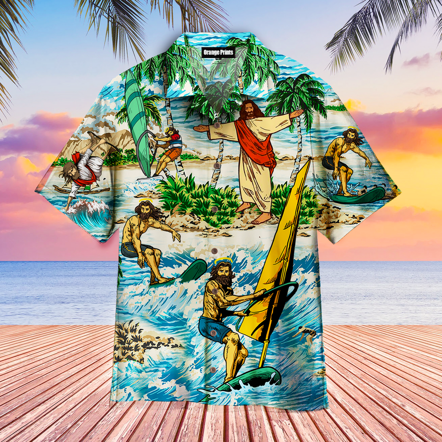 Jesus Surfing Summer Tropical Aloha Hawaiian Shirt.png