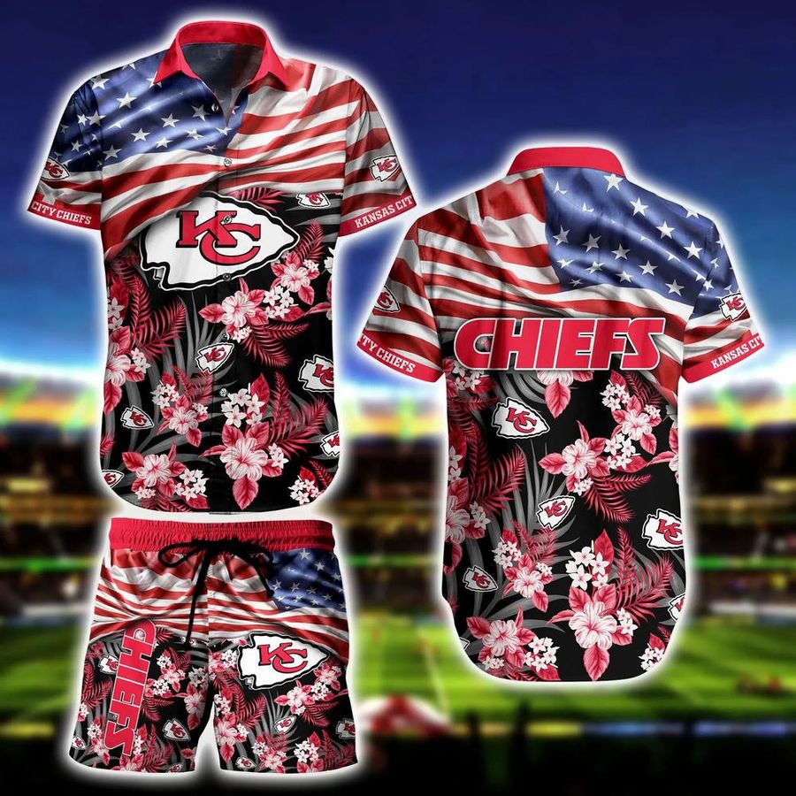 Kansas City Chiefs NFL-Hawaiian Shirt And Short Trends Summer, Tropical Pattern Us Flag Best Gift For Sports Enthusiast