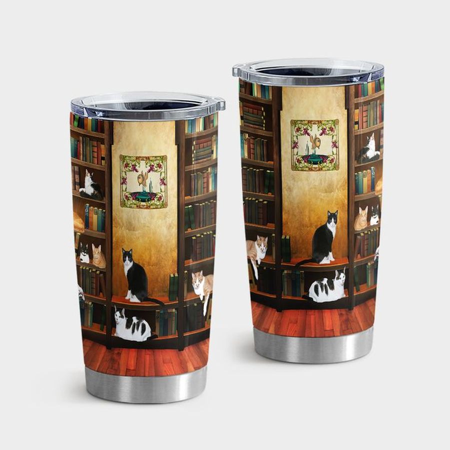 Kitty Stainless Steel Tumbler, Library And Cats Tumbler Tumbler Cup 20oz , Tumbler Cup 30oz, Straight Tumbler 20oz