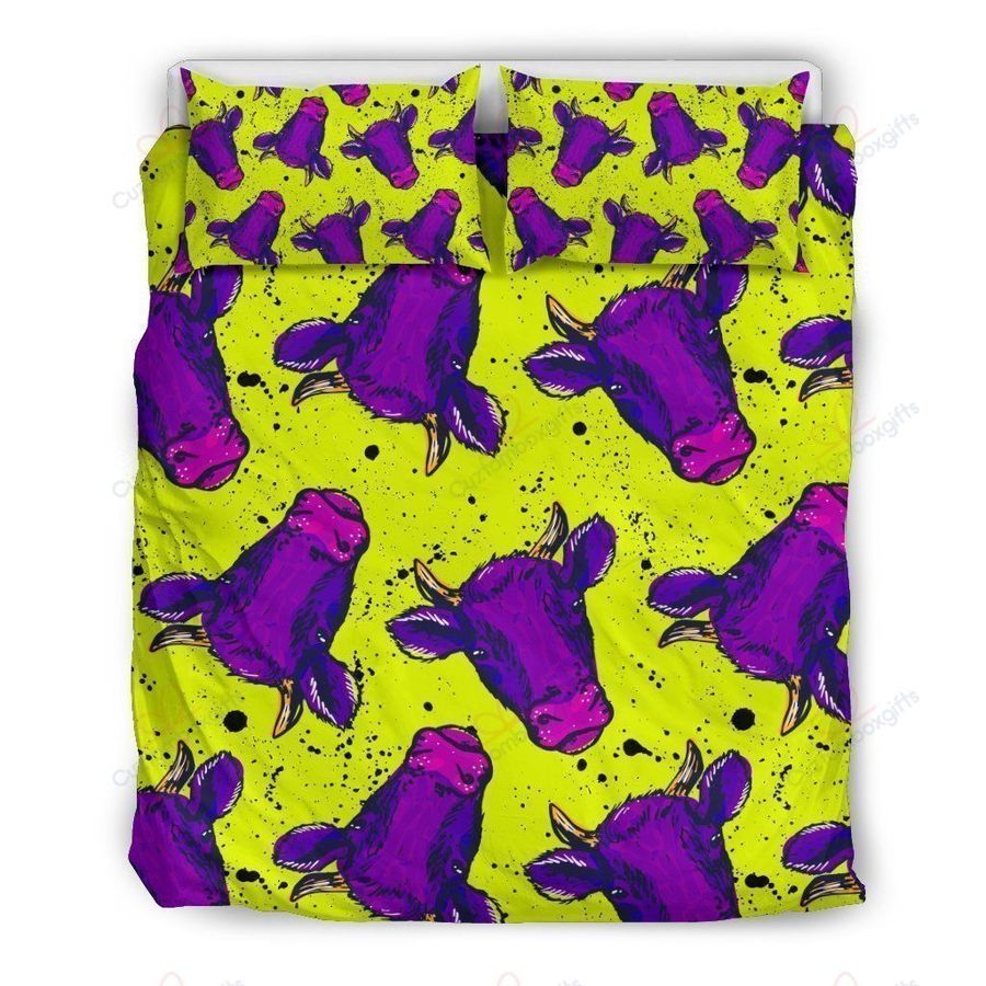 Lime Green Background And Purple Cow Bedding Set