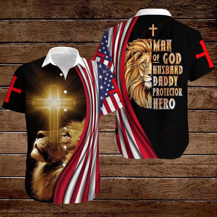 Lion Cross American Flag 4th Of July Independence Day Man Of God Husband Daddy Protector Hero Graphic Print Short Sleeve Hawaiian Casual Shirt Y97