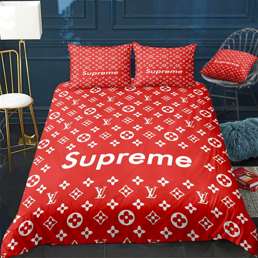 Luxury Louis Vuitton x Supreme Red Monogram Print Bedding Set