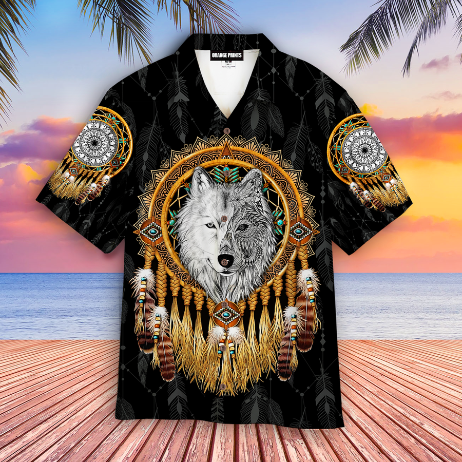 Mandala Dreamcatcher Native Wolf Aloha Hawaiian Shirt.png