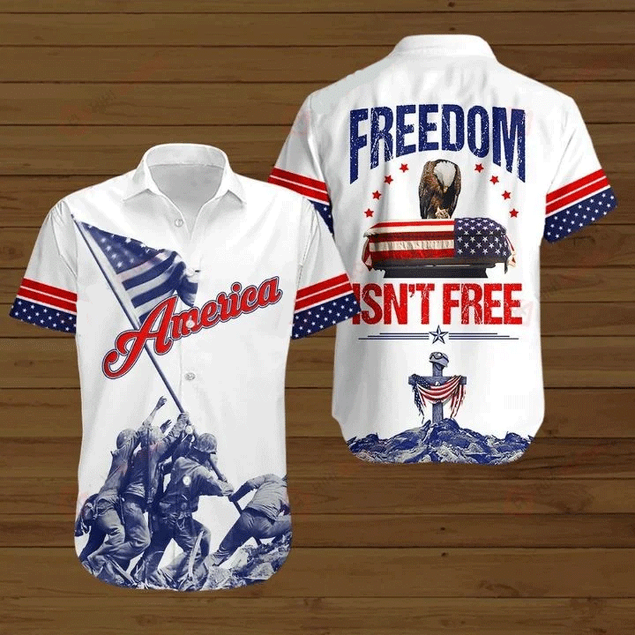 Memorial Day American Flag Freedom Isn't Free Graphic Print Short Sleeve Hawaiian Casual Shirt Y97.png