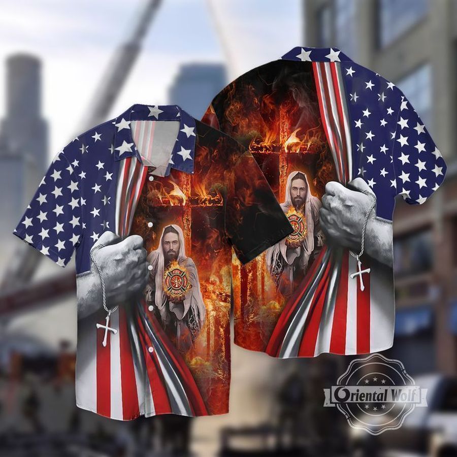 Memorial Day Firefighter American Flag Jesus For Men And Women Graphic Print Short Sleeve Hawaiian Casual Shirt size S - 5XL