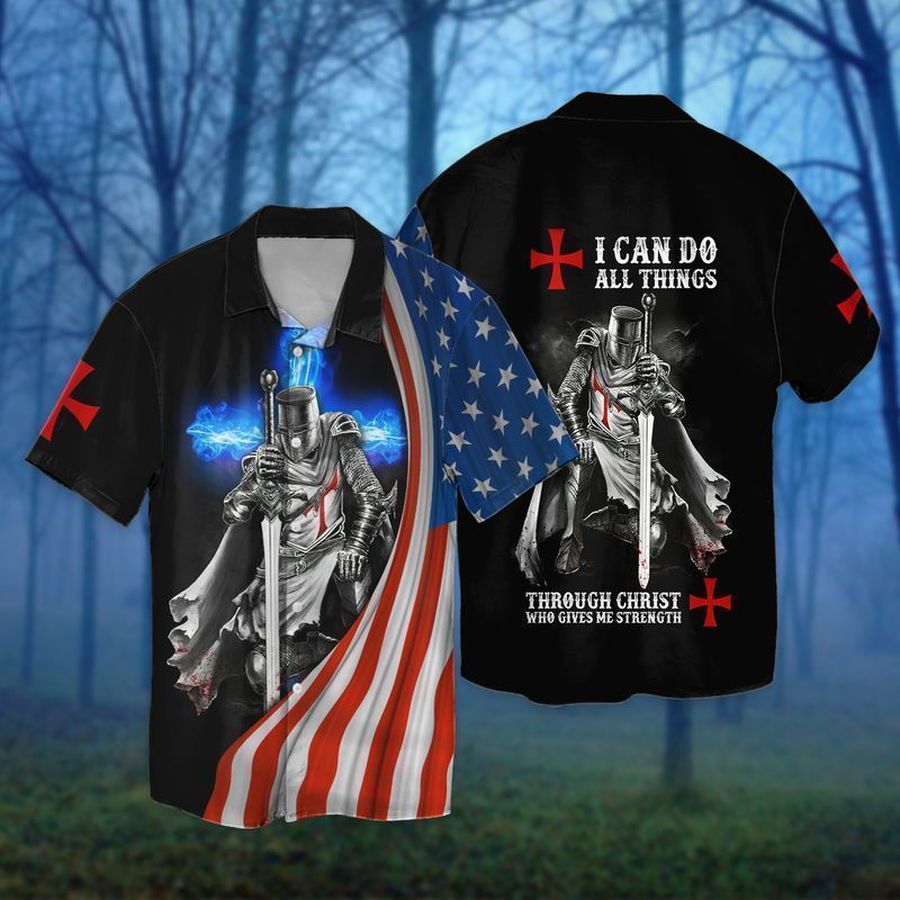 Memorial Day Warrior Knight Templar I Can Do All Things Through Christ Who Gives Strength Graphic Print Short Sleeve Hawaiian Casual Shirt size S - 5XL
