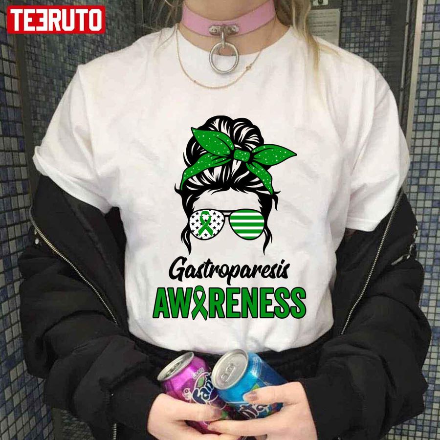 Messy Bun Mom Gastroparesis Awareness Green Unisex T-Shirt